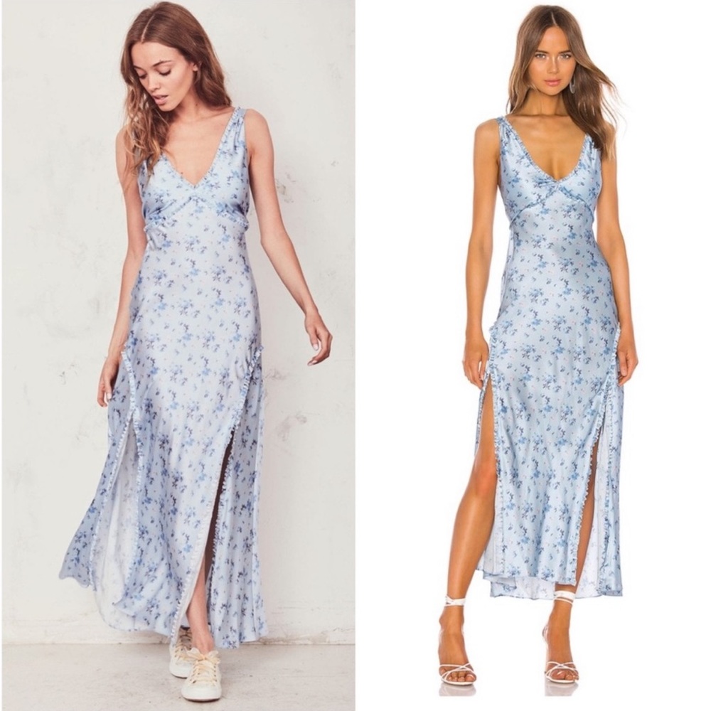 LOVESHACKFANCY Kendall Maxi Dress Gown Silk Satin in Mystical Blue Size 4